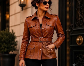 Women's Tan Brown Genuine Cowhide Leather Jacket, Belted Leather Coat, Military Style Jacket, Handmade Fashion Leather Jacket, Gift for Her