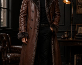 Men's Brown Leather Fur Long Coat | Genuine Cowhide Leather Trench Coat | Winter Leather Overcoat | Luxury Fur Collar Coat