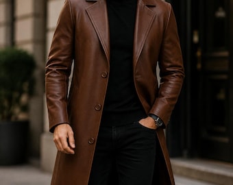 Men's Genuine Leather Long Coat, Brown Leather Trench Coat, Classic Leather Overcoat, Winter Leather Jacket, Custom Leather Coat