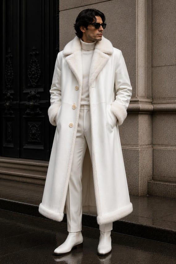Men’s Genuine Cowhide Leather Long Coat with Fur Collar | Luxury White Winter Trench Coat | Satin Lining Gothic Overcoat