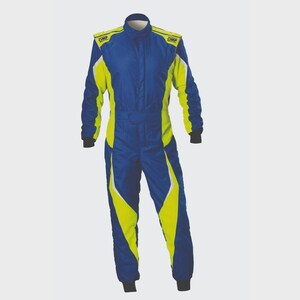 May include: Blue and yellow racing suit with white accents. The suit has a high collar, long sleeves, and a full-length zipper. The shoulders feature the "OMP" logo. The suit is designed for motorsports and racing.