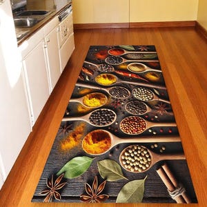 Modern Cooks Floor Mat - Colorful Spice Spoon Rug - Washable Non Slip Kitchen Mat - Chef Gift Runner - Culinary Decor - Pantry Floor Rug