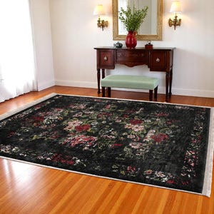 Vintage Floral Tassel Rug - Distressed Black with Rose Pattern and Border - Machine Washable Soft Fabric - Living Room Bedroom Accent Mat