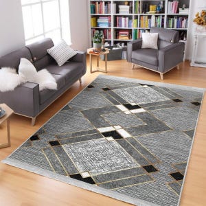 Modern Geometric Area Rug, Anthracite Gray Living Room Rug, Gold Diamond Pattern Carpet, 5x7 Washable Non Slip Rug, Contemporary Glam Decor