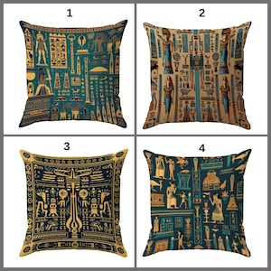 May include: Four square throw pillows with Egyptian hieroglyphic designs. Pillows feature teal, tan, and gold colors. Each pillow has a different pattern of pharaohs, symbols, and ancient Egyptian art.