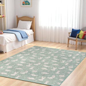 Joli tapis avec lapin et fleurs - Tapis pour enfants vert pastel doux - Adorable tapis de jeu pour tout-petits - Tapis antidérapant pour chambre d&#39;enfants - Beau tapis pour chambre d&#39;enfants