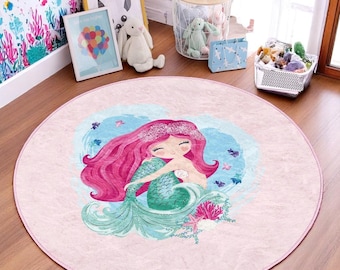 Mermaid Round Rug – Soft Pink, Ocean Theme Nursery Carpet