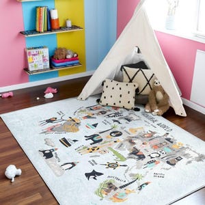 Weltkarte Kinderteppich - Süßer Tier Design Teppich - Weißer Teppich für das Spielzimmer - Rutschfest und Maschinenwaschbar