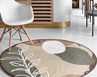 Tapis rond botanique - beige, imprimé abstrait vert olive, tapis lavable antidérapant