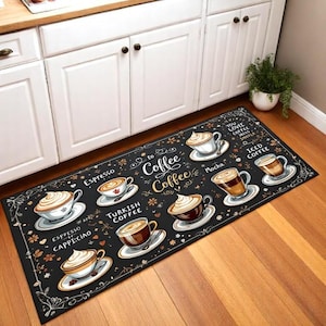 Washable Non Slip Coffee Station Mat - Espresso Mocha Kitchen Rug - Cappuccino Floor Runner - Modern Barista Decor - Housewarming Gift