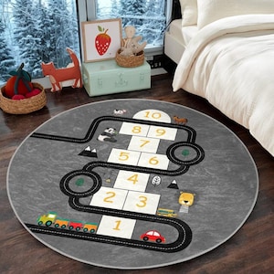 Gray Hopscotch and Road Play Rug, Round Carpet with Car Tracking for Nursery, 5ft Washable Non Slip, All-in-One Activity Rug for Kids