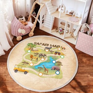 Round Safari Road Nursery Rug, Beige Car Track Carpet with Jungle Animals, Machine Washable Non-Slip Childrens Rug, Imaginative Activity Rug