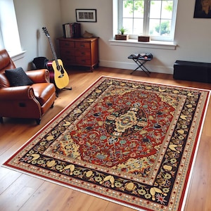 Puede incluir: Una alfombra rectangular grande con un intrincado diseño persa. La alfombra presenta un campo central rojo intenso con un detallado patrón floral y geométrico en tonos azules, dorados y crema. Un borde oscuro enmarca el diseño, agregando contraste.