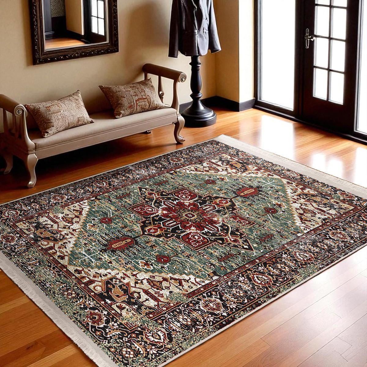 Emerald Red Medallion Rug| Vintage Heriz Style Carpet| Soft
