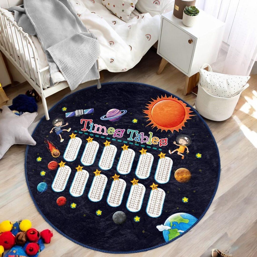 Round Navy Space Rug With Times Table, Fun Math Play Mat for Kids Room ...