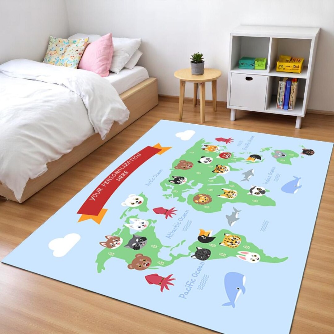 Personalized Kids World Map Rug | Custom Name Play Mat With Cute ...