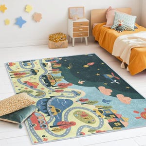 Tapis coloré pour enfants Adventure Town - Tapis pour petites voitures, routes et montagnes - Tapis de jeu ultra doux - Envers antidérapant lavable en machine