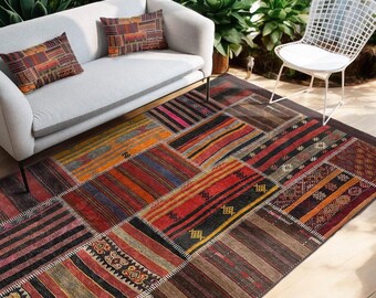 Ethnic Patchwork Printed Area Rug, Rectangle Non Slip Kitchen Rug, Vintage Living Room Rug, 5x7 Washable Burguny Red Orange Boho Rug,