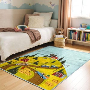Sky Blue Farm Play Rug - Green Hill Design Nursery Rug- Toy Car Drive Roads for Kids - Machine Washable and Non Slip- Toddlers Carpet