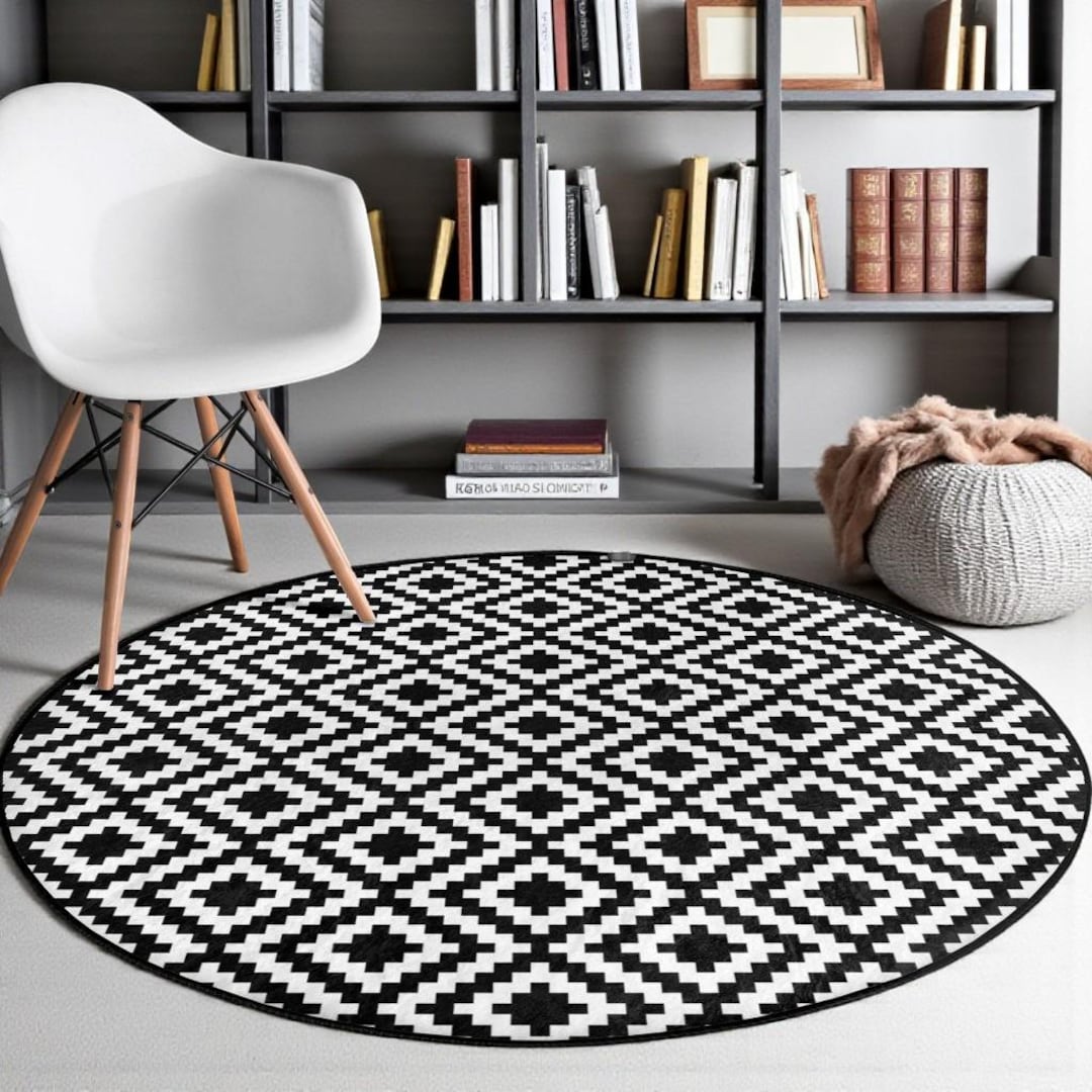 White Rug With Diamond Pattern Diamond Pattern Round Rug – Black and White Geometric Carpet - Etsy
