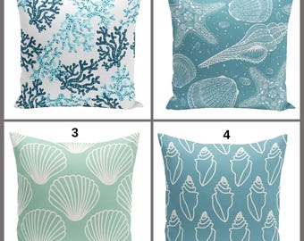 Housse de coussin Beach Life 18 x 18 x 18 cm | Imprimé étoiles de mer et coquillages turquoise menthe | Coussin cottage côtier | Décoration estivale brise d'océan