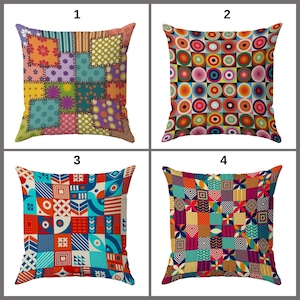 May include: Four square decorative cushions with vibrant geometric patterns. The cushions display diverse designs, including patchwork floral, concentric circles, and abstract shapes in bright colours such as red, blue, orange, and green.
