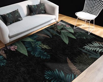 Green Leaf Area Rug, Emerald Rectangle Kitchen Rug, Black Texture Living Room Rug, 6x9 Washable Rug, Abstract Art Rug, Gift for Housewarming