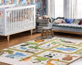 Alfombra de aventura para guardería, alfombra educativa para juegos de carretera para niños, divertida alfombra de aprendizaje con animales, alfombra lavable antideslizante, alfombra para juegos con coches de juguete