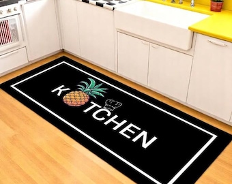 Pineapple Print Bold Kitchen Rug - Modern Black Soft Runner - Washable Non Slip Kitchen Mat- Stylish Kitchen Decor - New Home Gift Idea
