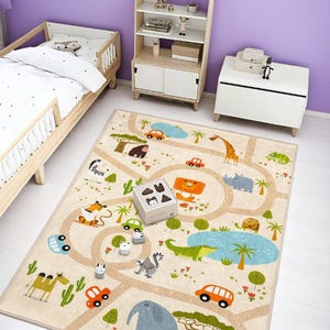 Tapis pour enfants animaux de safari - tapis de jeu coloré - design route et voiture - antidérapant et lavable en machine - tapis de jeu animal de la jungle beige
