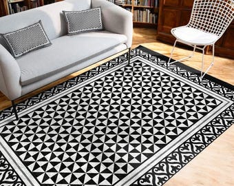 Black White Area Rug, Modern Living Room Rug, Rectangle Kitchen Rug, 6x9 Washable Rug, Bordered Non Skid Entryway Rug