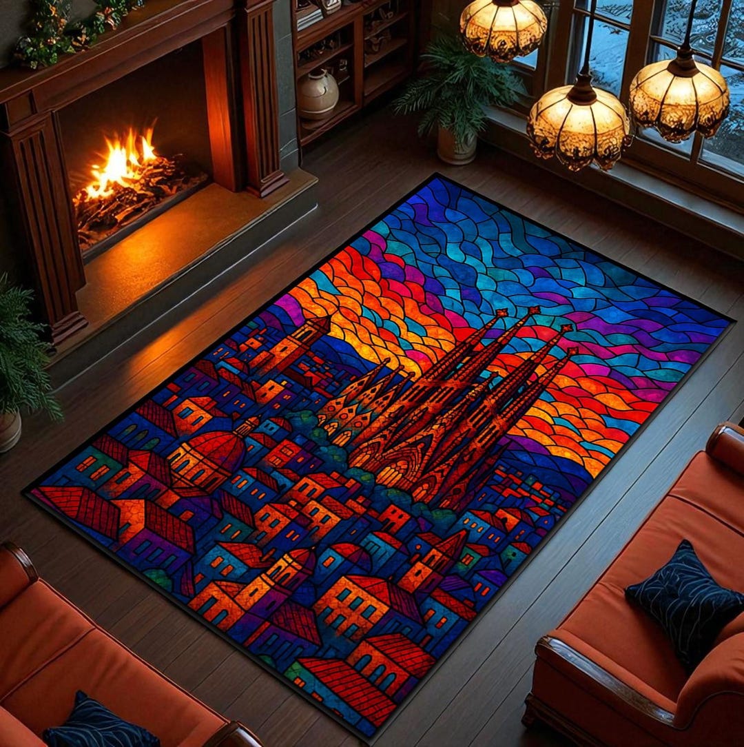 Stained Glass Rug Design Sagrada Familia Rug – Barcelona Stained Glass Style, Non-slip Carpet - Etsy