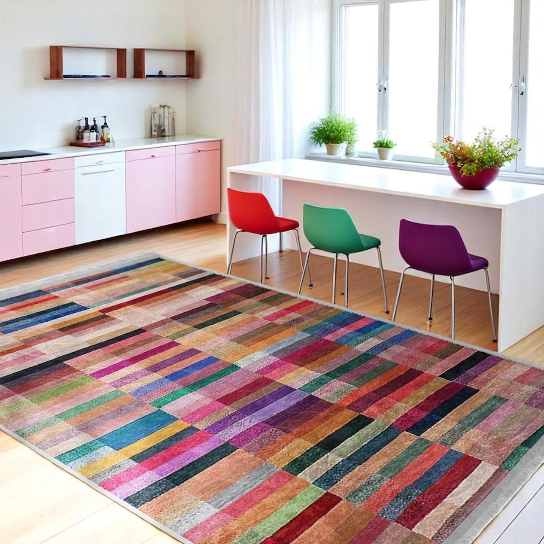 Multicolor Stripe Area Rug, Boho Living Room Rug, Pastel Color Patio ...