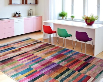 Alfombra de rayas multicolor, estilo bohemio para sala de estar, color pastel para patio, lavable de 13 x 18 cm, para dormitorio, arcoíris para cocina, moderna.