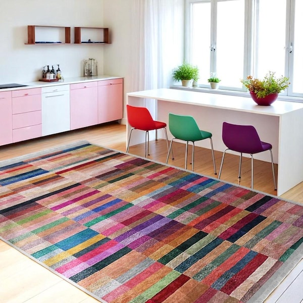 Multicolor Stripe Area Rug, Boho Living Room Rug, Pastel Color Patio Rug, 5x7 Washable Rug, Bedroom Rug, Rainbow Kitchen Rug, Modern Carpet