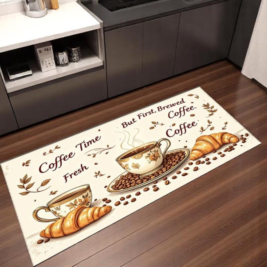 Cafe Rugs Cream Cafe Kitchen Rug| Hand Drawn Coffee Croissant| Quote Accent ...