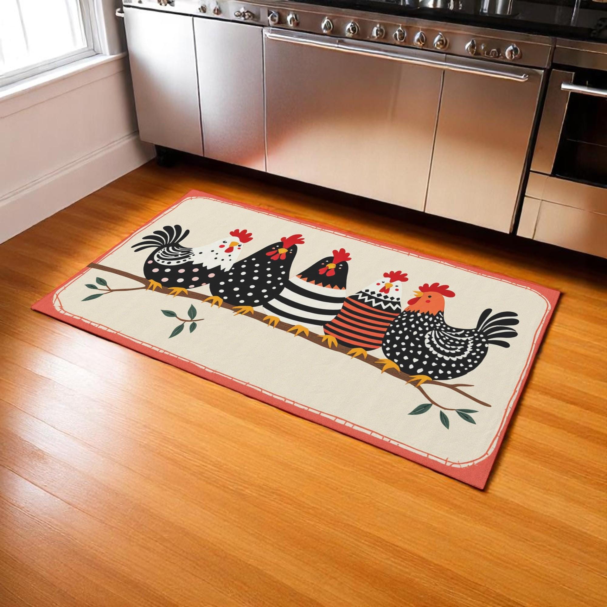 Chicken Rug Colorful Chicken Kitchen Rug - Washable Farmhouse Mat - Cute Non Slip Velvet ...