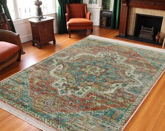 Faded Rust Teal Medallion Rug – Vintage Style Washable Non Slip Carpet – Persian Inspired Area Mat for Living Room or Bedroom