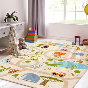 Tapis pour enfants animaux de safari - tapis de jeu coloré - design route et voiture - antidérapant et lavable en machine - tapis de jeu animal de la jungle beige