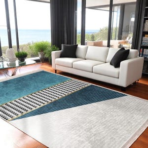 Modern Abstract Area Rug, Teal Living Room Rug,  Bedroom Rug, 5x7 Washable Rug, Non Slip Aqua Black Ivory Area Rug, Geometric Kitchen Rug