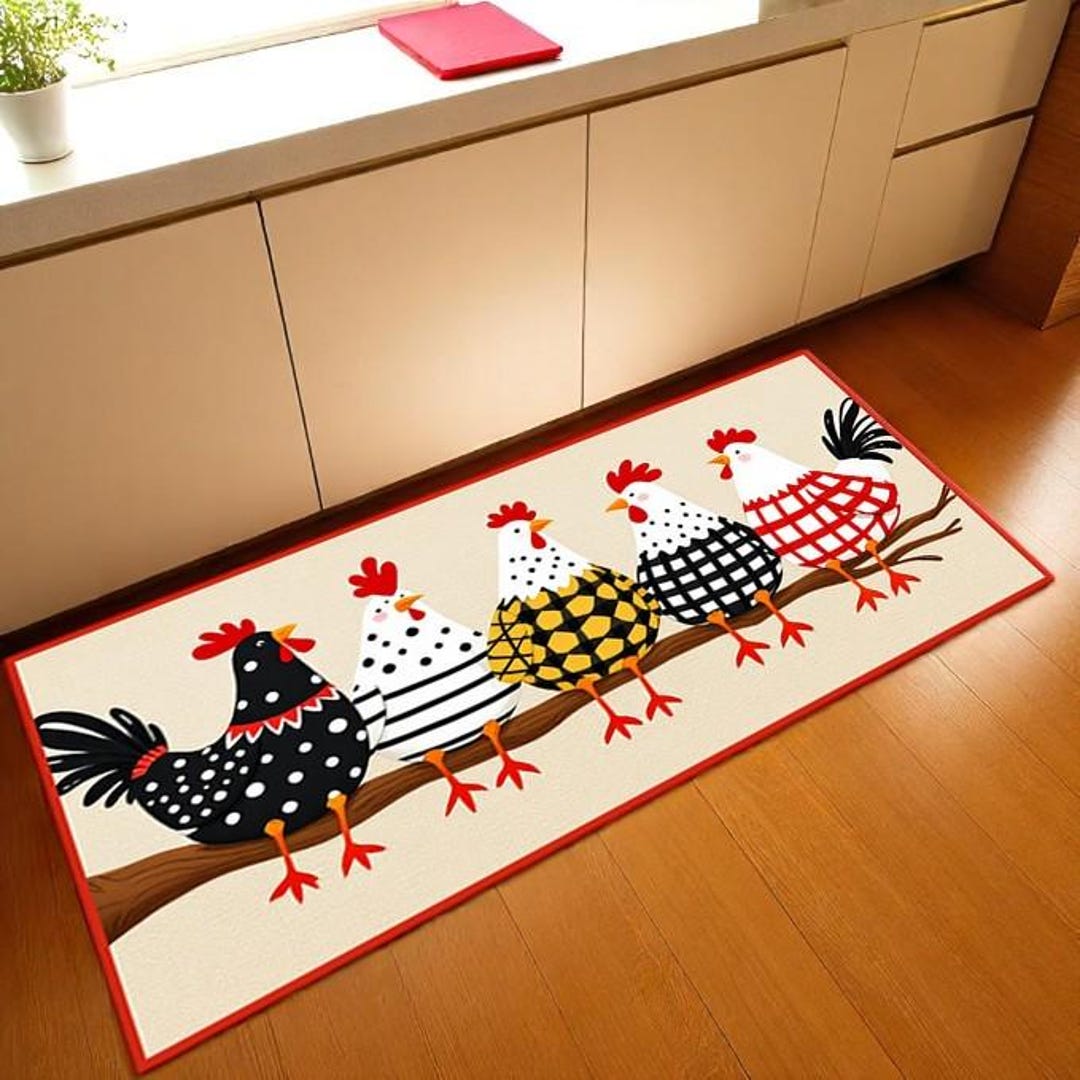 Behg Designs Chicken Rug Colorful Chicken Rug | Rustic Farmhouse Kitchen Mat | Whimsical Hen ...