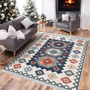 Luxury Morrocan Area Rug, Ethnic Rectangle Kitchen Rug, Boho Living Room Rug, 6x9 Washable Rug, Navy Blue Cream Rug, Gift for Housewarming