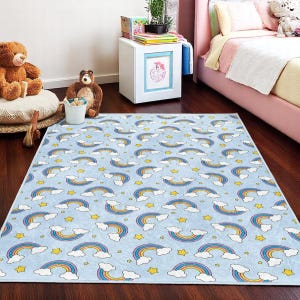 Baby Blauer Regenbogen und Sterne Teppich - Weicher Kinderteppich - Maschinenwaschbare Spielmatte - Rutschfester Teppich für Kinderzimmer