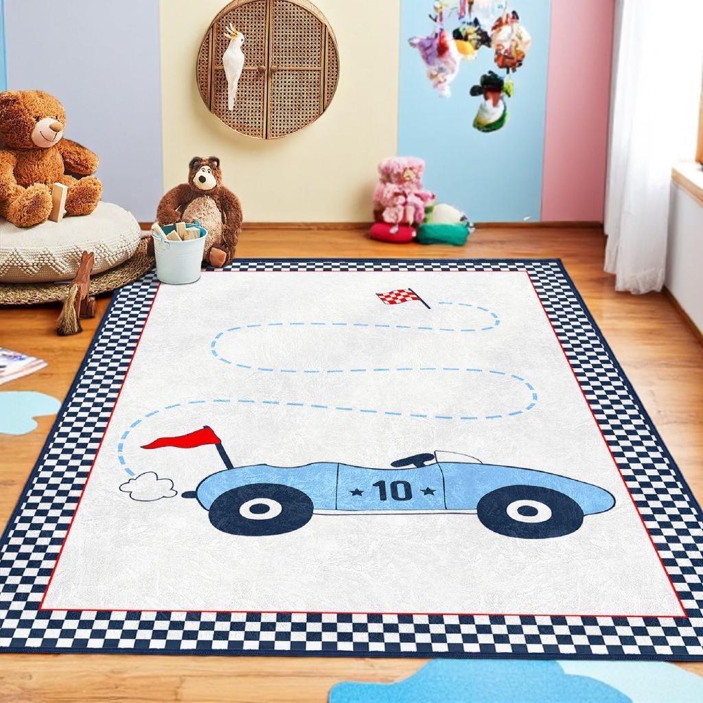 Race Track Play Rug for Kids - Racing Theme Floor Mat - Black White ...