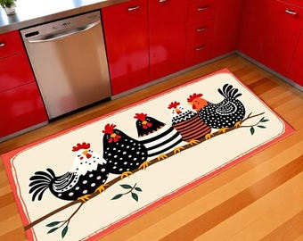 May include: A rectangular kitchen rug featuring a whimsical design of five chickens perched on a branch. The chickens have various patterns in black, white, and red. The rug has a cream background with a red border, suitable for a kitchen.