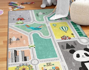 Drive Toy Cars Rug- Cute Panda City Map Kids Room Rug- Colorful Car Track Play Rug- Washable Non Slip Backing- Ultra Soft Area Rug for Kids