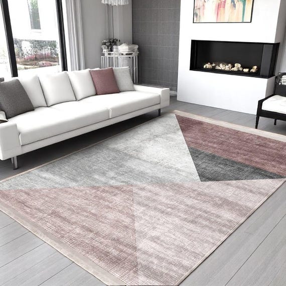 Geometrischer Dreiecks Teppich - Altrosa Grau Weißtöne - Waschbarer Teppich 250x260 - Moderne Bürodekoration - Pastell Neutrale Farben
