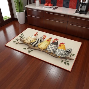 Chicken Family Floor Rug | Kitsch Country Kitchen Mat | Funny Farm Rooster Print | Soft Washable Non Slip Mat | Cottagecore Decor