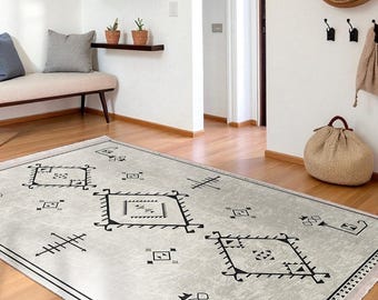 Tvättbar tribal cremefärgad matta – minimalistiskt boho diamantmönster – halkfri bomullsbaksida – för vardagsrum, sovrum, entréinredning