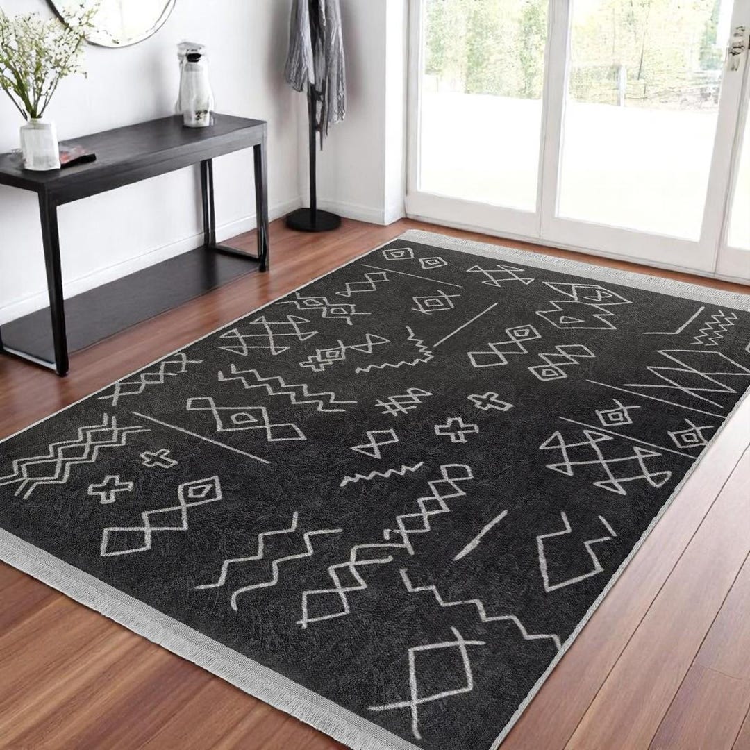 Smokey Black Tribal Rug | African Ethnic Pattern | 6x9 Washable Non ...